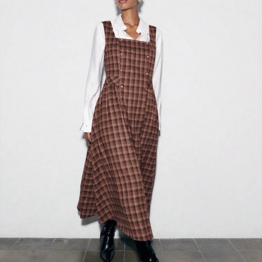 SHEIN Brown Plaid Midi Dress